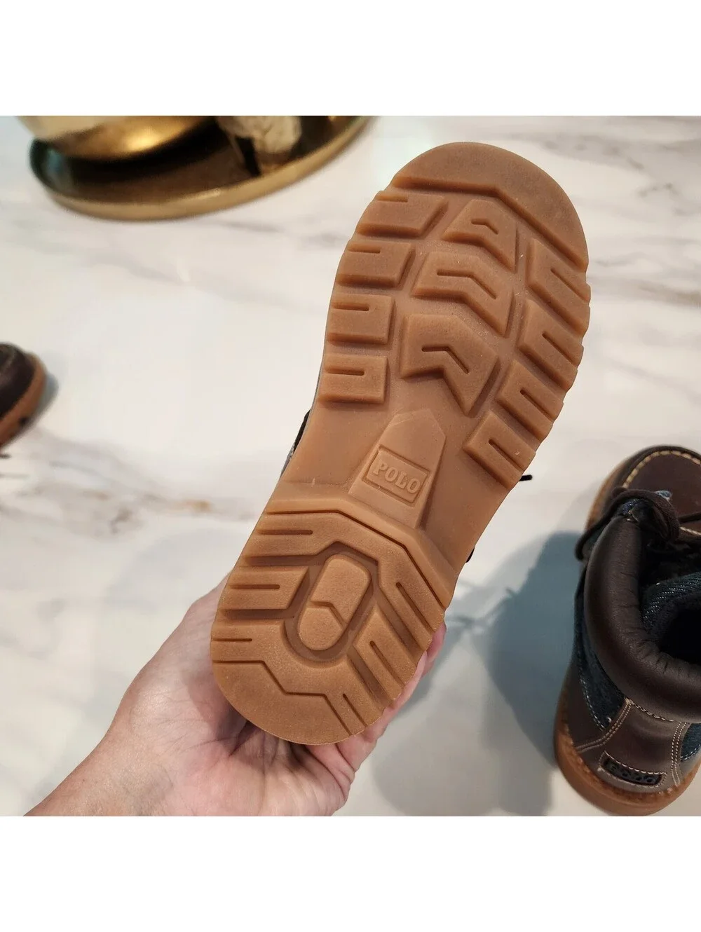 New Polo Ralph Lauren Kids Brown Leather and Denim Boots 11.5